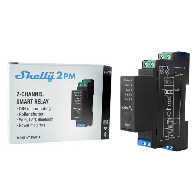Shelly Pro 2PM 2 kanallı enerji ölçümlü akıllı röle ve ürün kutusu