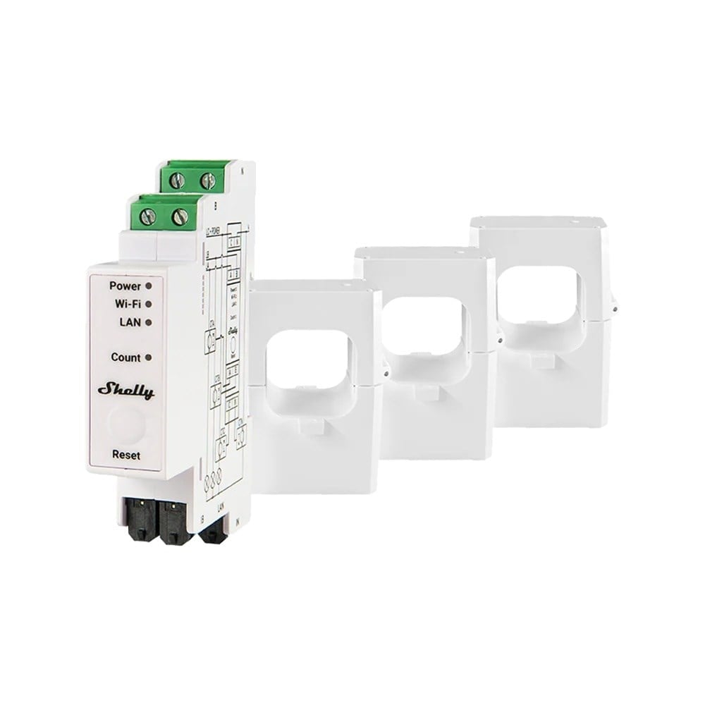 Shelly Pro 3EM-400A üç faz akıllı enerji ölçer ve akım trafosu seti ürün görünümü