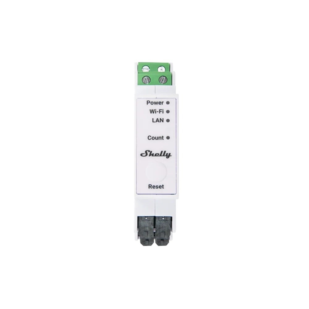 Shelly Pro 3EM-400A DIN ray montajlı üç faz enerji ölçer modülü ön görünüm