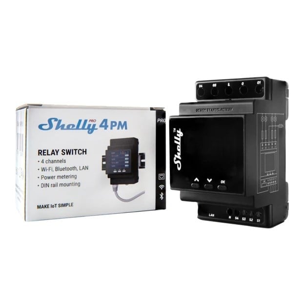 Shelly Pro 4PM 4 kanallı enerji ölçümlü akıllı röle ve ürün kutusu