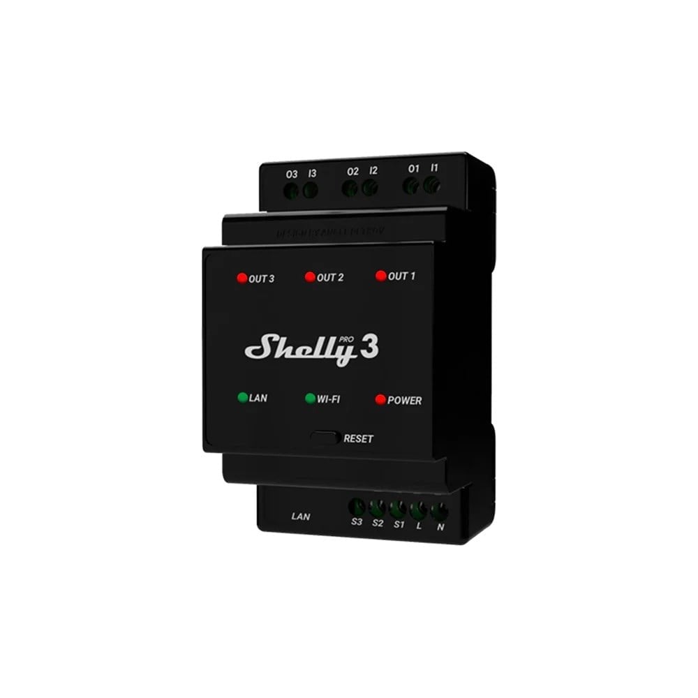 Shelly Pro 3 DIN ray montajlı 3 kanallı akıllı röle modülü ürün görünümü