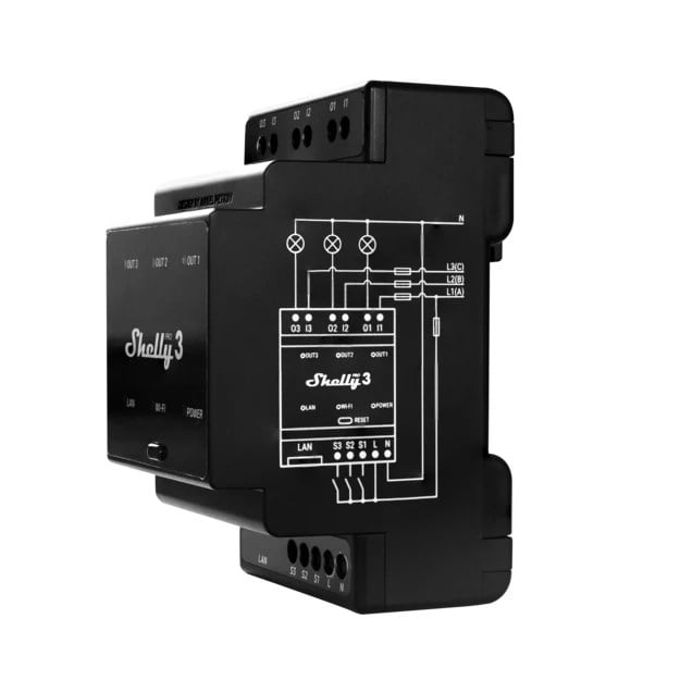 Shelly Pro 3 üç kanallı akıllı röle yan bağlantı şeması görünümü