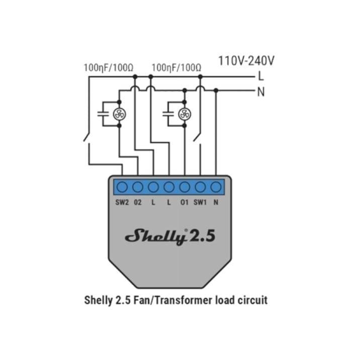 Shelly RC Snubber Shelly 2.5 fan ve trafo yük bağlantı şeması