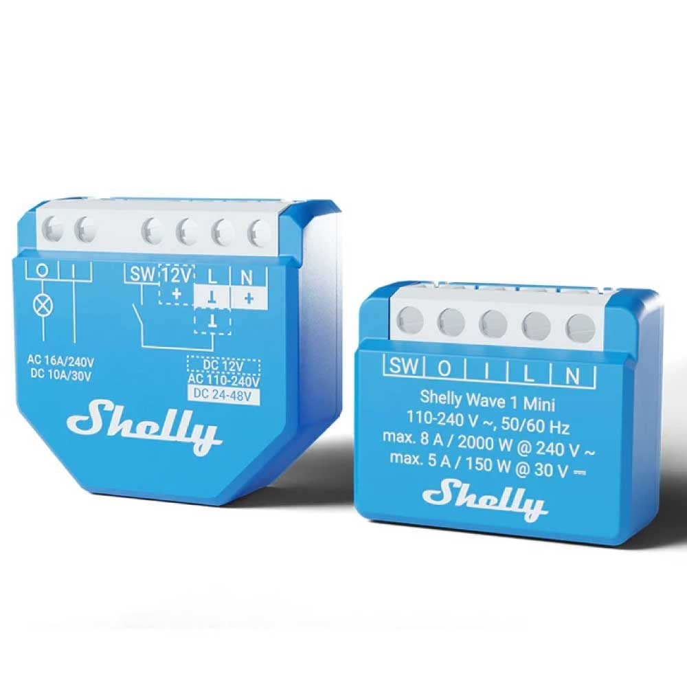 Shelly Wave 1 Mini LR ve Shelly 1 Mini röle karşılaştırmalı ürün görseli