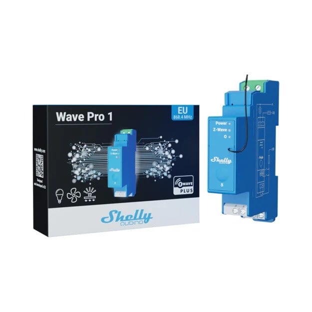 Shelly Wave Pro 1 Z-Wave akıllı röle modülü ve ürün kutusu