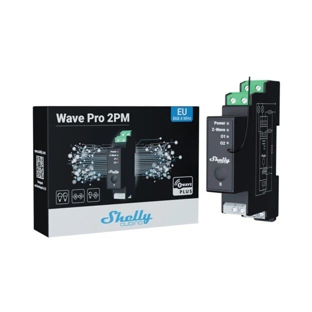Shelly Wave Pro 2PM Z-Wave iki kanallı akıllı röle modülü ve ürün kutusu