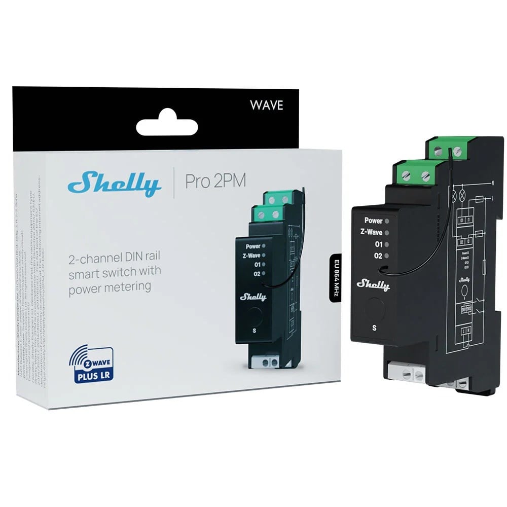 Shelly Wave Pro 2PM LR Z-Wave Plus LR akıllı röle kutu ve ürün görseli