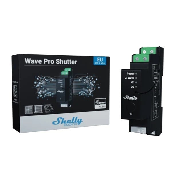 Shelly Wave Pro Shutter Z-Wave akıllı panjur kontrol modülü ve ürün kutusu