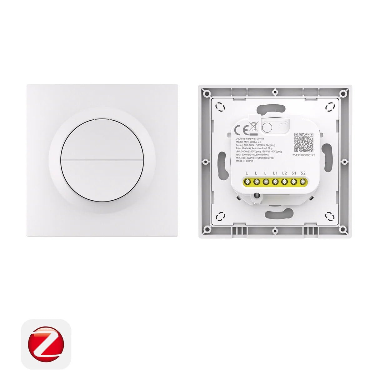 SONOFF MINI-ZB2GS-L-E Zigbee nötrsüz çift kanallı akıllı anahtar ön ve arka bağlantı görünümü