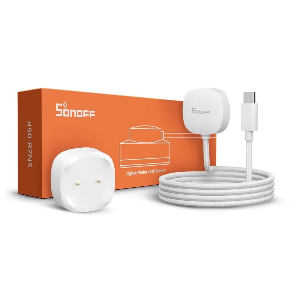 SONOFF SNZB-05P Zigbee su sızıntısı sensörü kutu ve ürün görseli