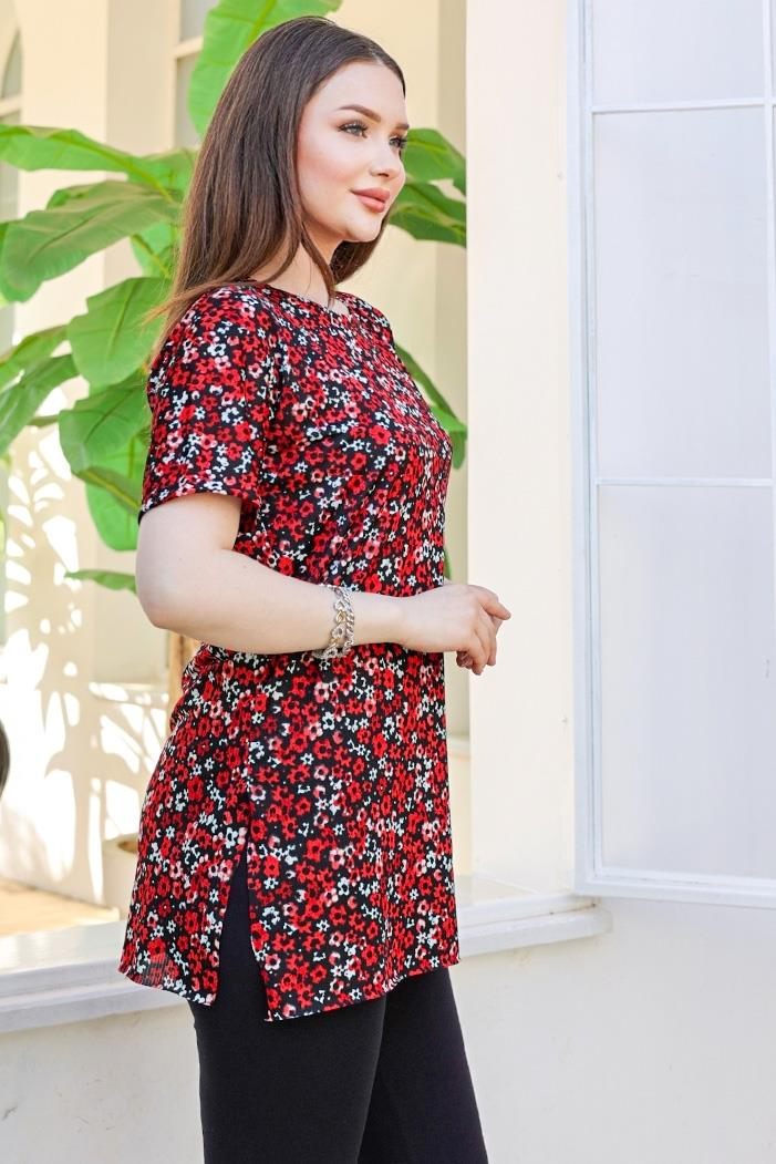 Çiçek Desen Kısa Kollu Tunik 871 - Siyah