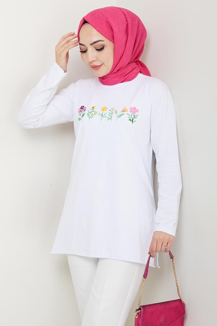 Çiçek Desen Tesettür Tunik 1425 - Beyaz