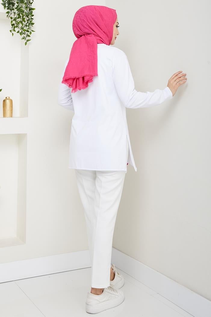 Çiçek Desen Tesettür Tunik 1425 - Beyaz