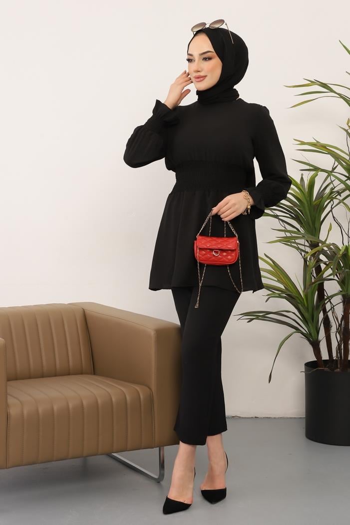 Gipeli Tunik Pantolon Tesettür İkili Takım 218 - Siyah