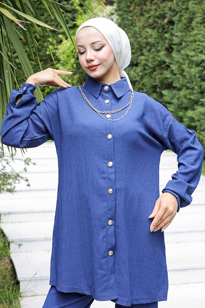 Kolyeli Bürümcük Tunik Pantolon İkili Takım 927 - İndigo