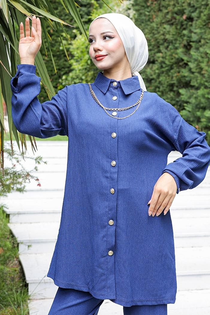 Kolyeli Bürümcük Tunik Pantolon İkili Takım 927 - İndigo