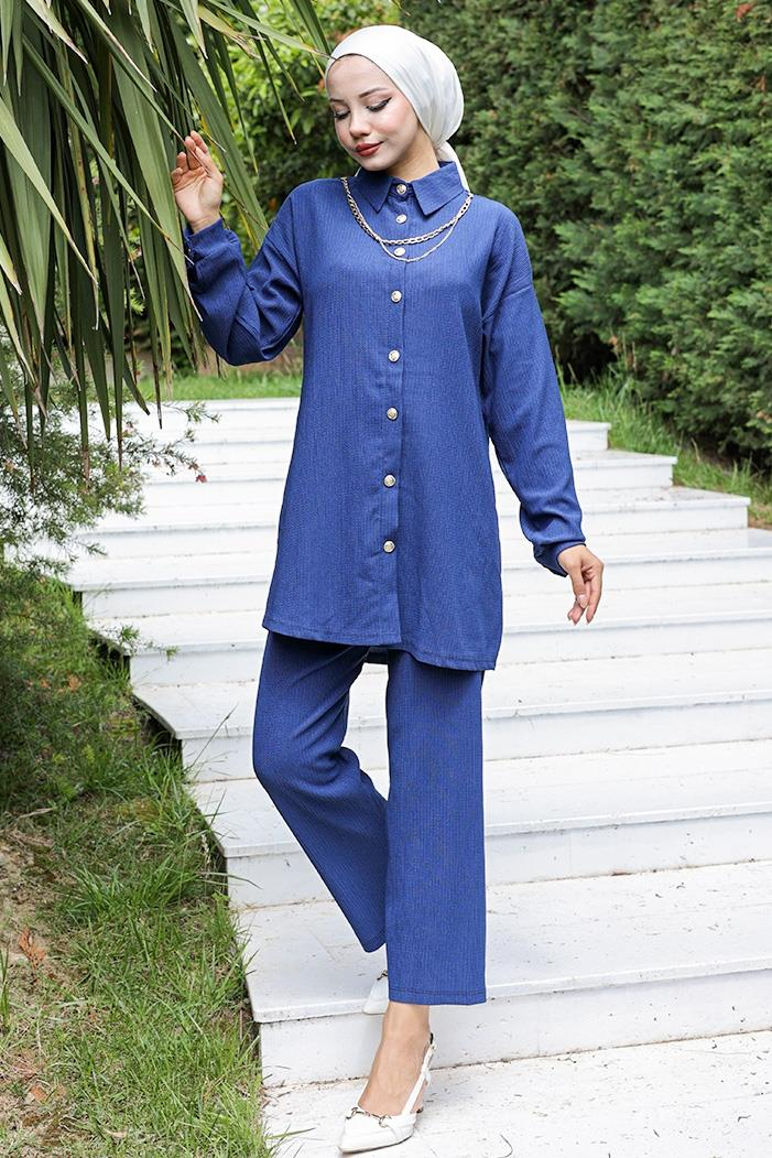 Kolyeli Bürümcük Tunik Pantolon İkili Takım 927 - İndigo