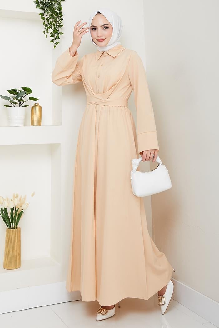 Renda Belden Bağlamalı Elbise 1467 - Taş