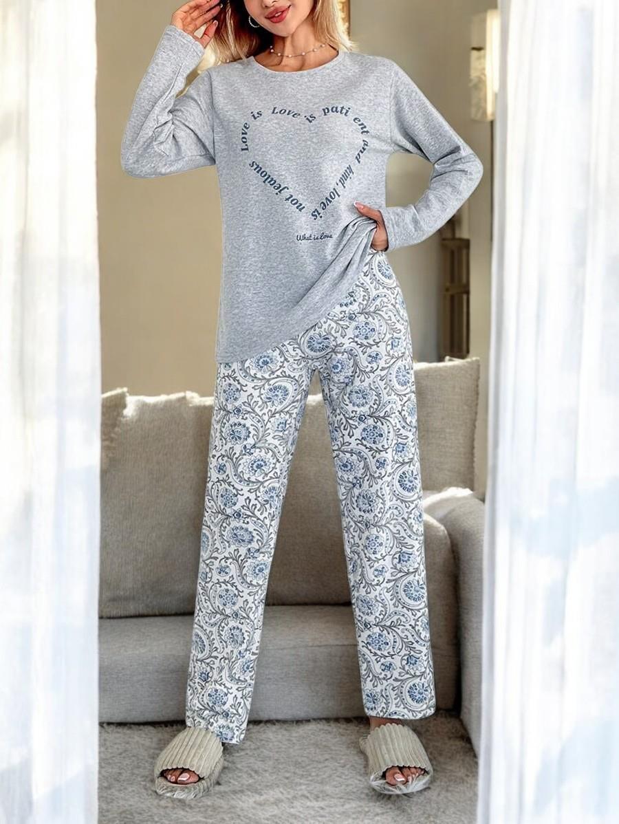 Kalp Baskılı Pamuklu Tshirt Pantolon Mavi Pijama Takımı