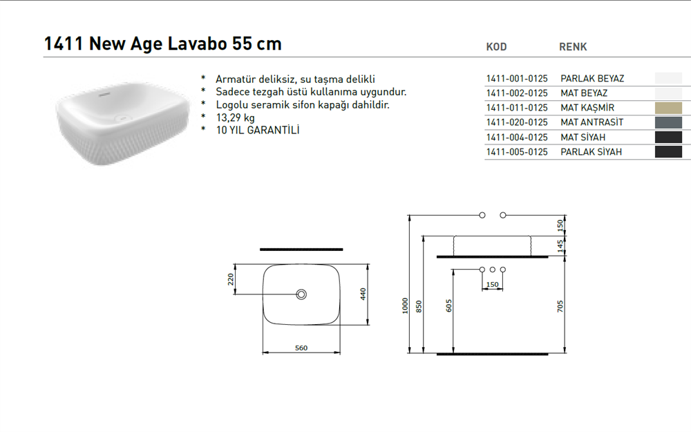 BOCCHI New Age Çanak Lavabo, 55 cm, Parlak Beyaz1411-001-0125