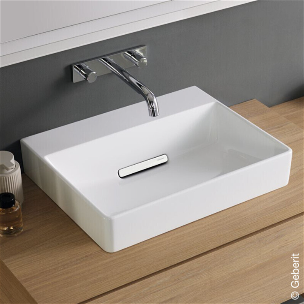 Geberit ONE çanak lavabo, yatay çıkışlı, 50x40 cm, batarya deliksiz, KeraTech505.023.00.1