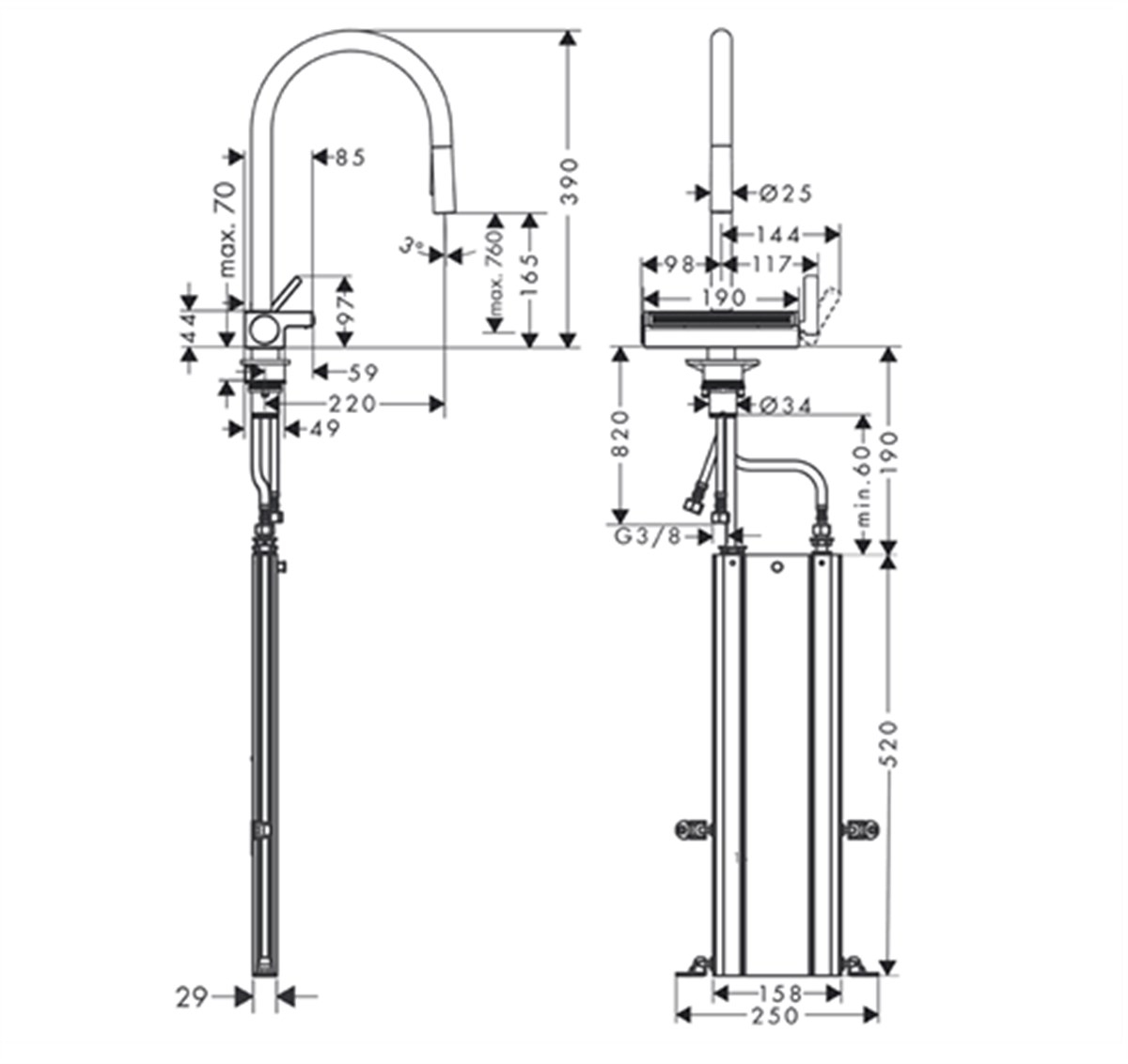 Hansgrohe Aquno Select M81 3 Jet Spiralli Eviye Bataryası73831000