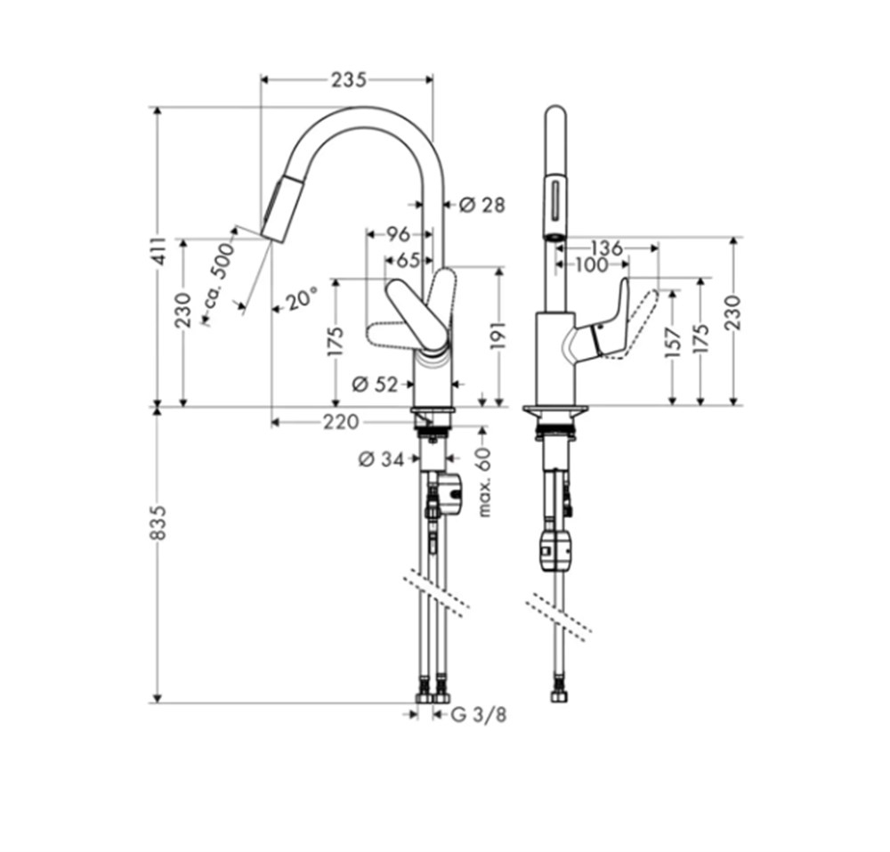 Hansgrohe Focus M41 Tek kollu eviye bataryası 240, çekilebilir el duşu, 2jetHG31815000