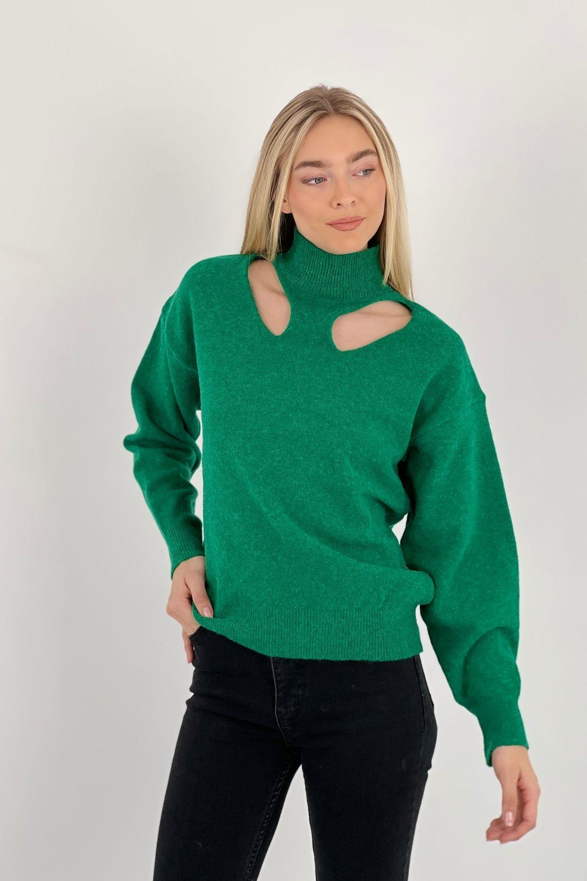 Kadın Pencere /Cut Out Detaylı Yeşil Triko Kazak-33230