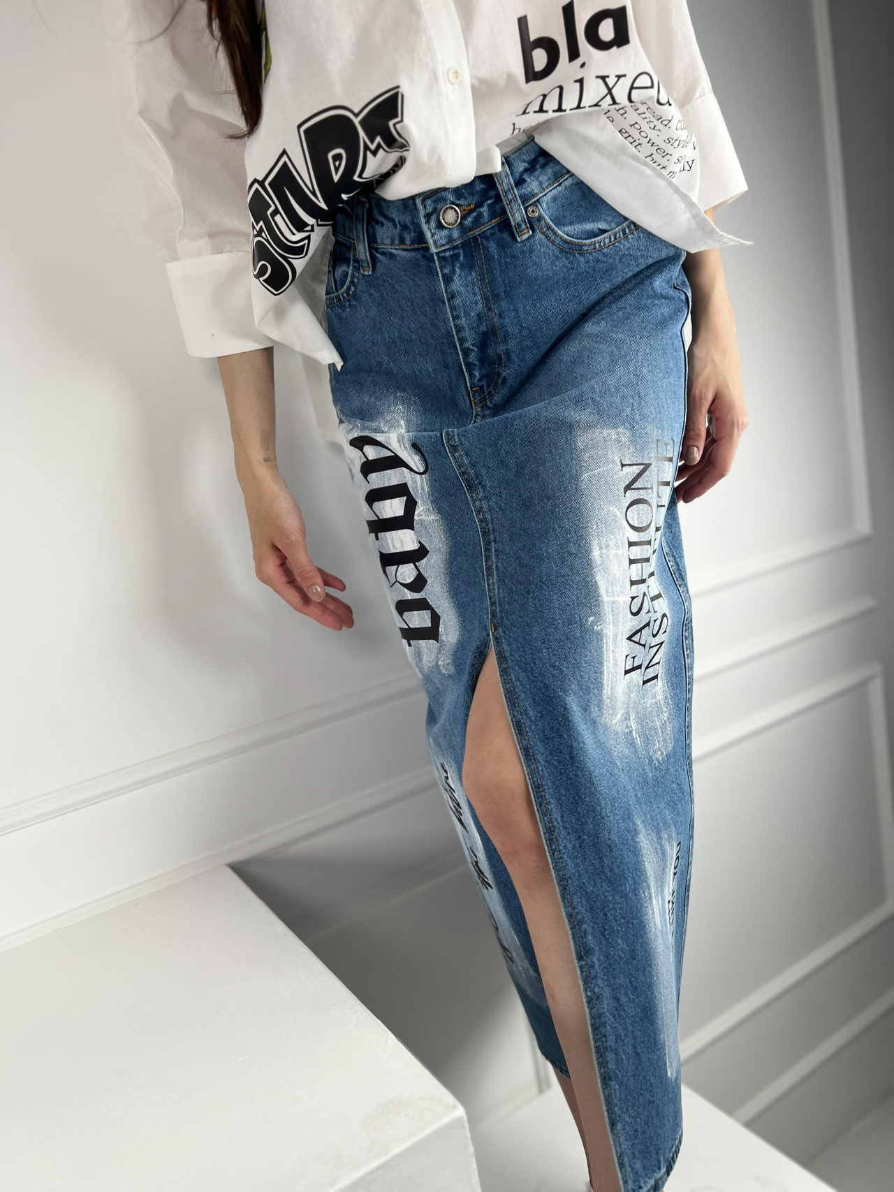 Mavi Yüksek Bel Önden Yırtmaçlı Baby Çoklu Baskı Ve Boya Detaylı Kot İlkbahar Yaz Denim Maxi Jeans Etek 100% Cotton 72748-2-72748-234
