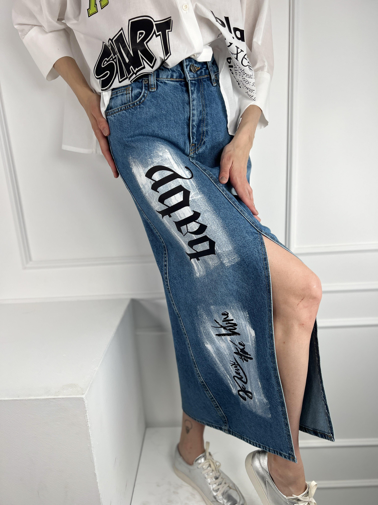Mavi Yüksek Bel Önden Yırtmaçlı Baby Çoklu Baskı Ve Boya Detaylı Kot İlkbahar Yaz Denim Maxi Jeans Etek 100% Cotton 72748-2-72748-234