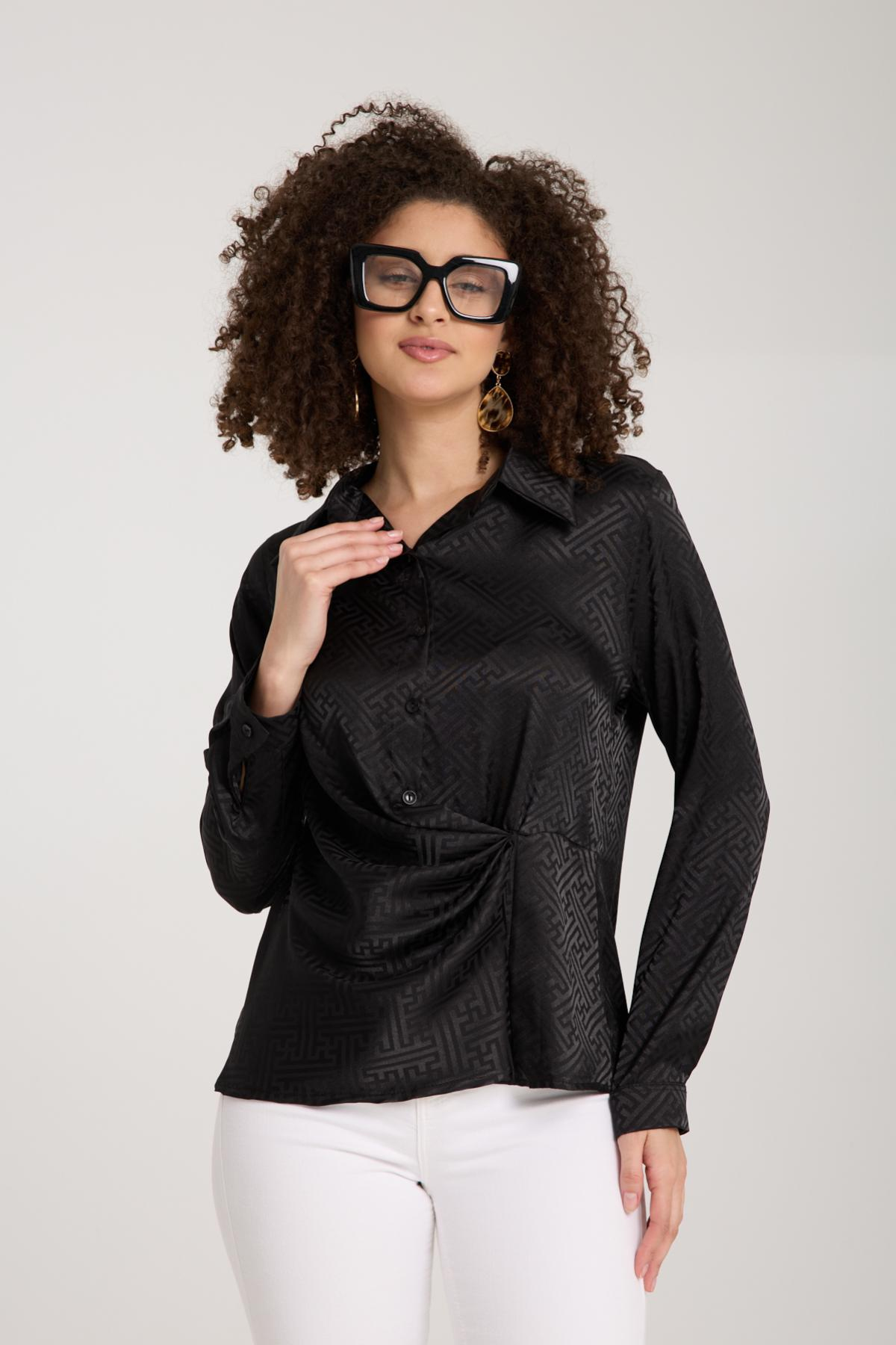 Wholesale Women Black Satin Jacquard Shirt with Gathered Front 731134