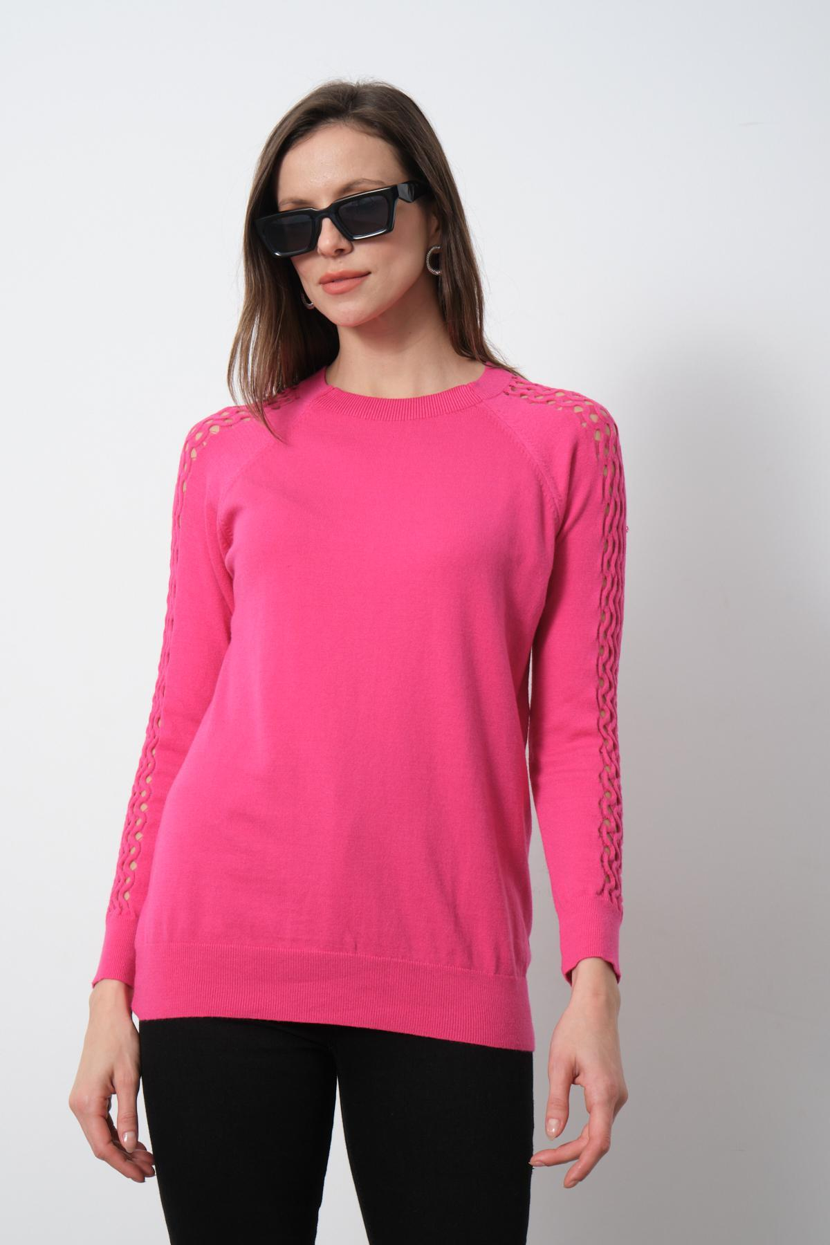Wholesale Women Fuchsia Openwork Sleeves Crew Neck Knit Blouse 716878