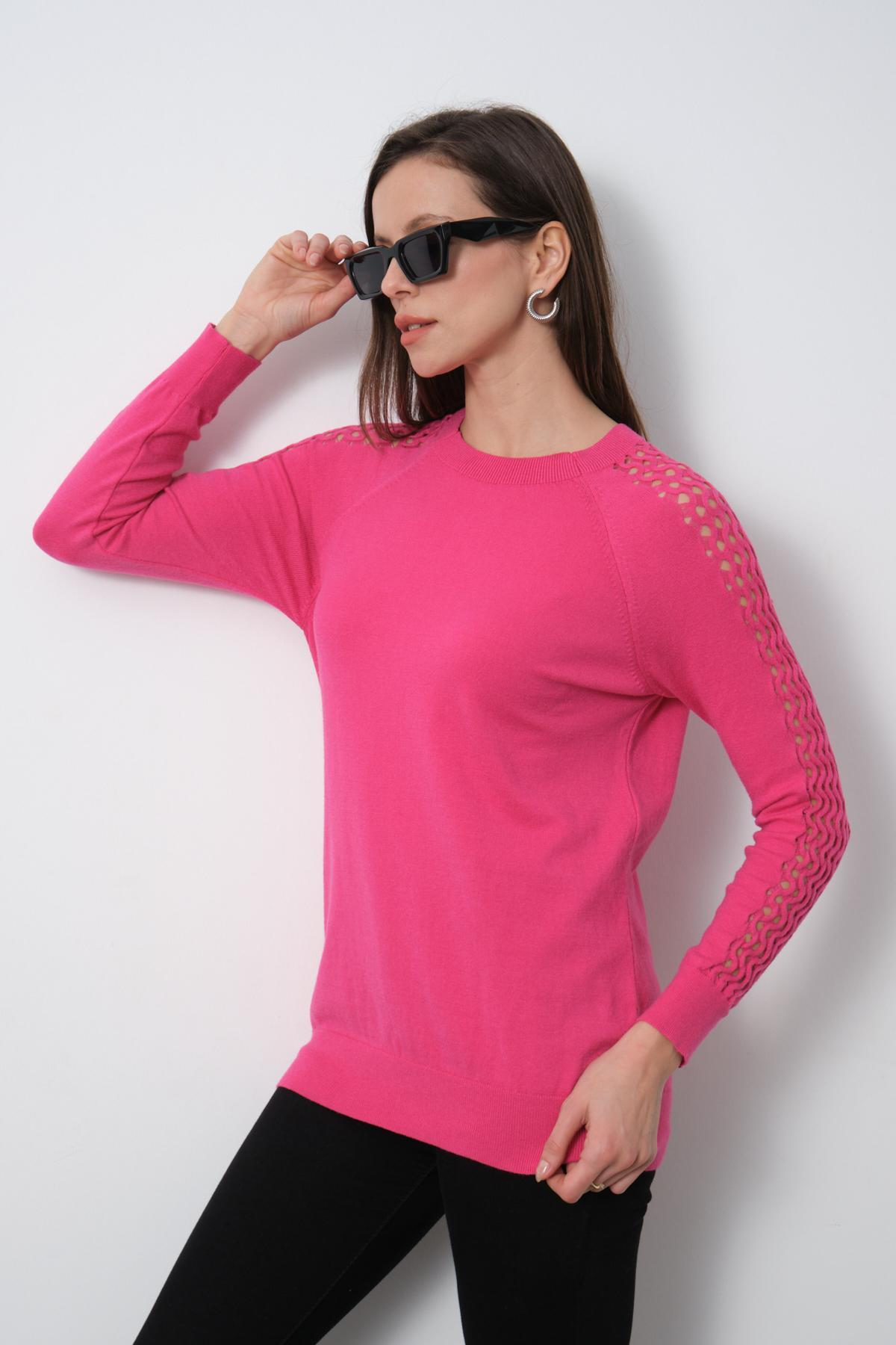 Wholesale Women Fuchsia Openwork Sleeves Crew Neck Knit Blouse 716878