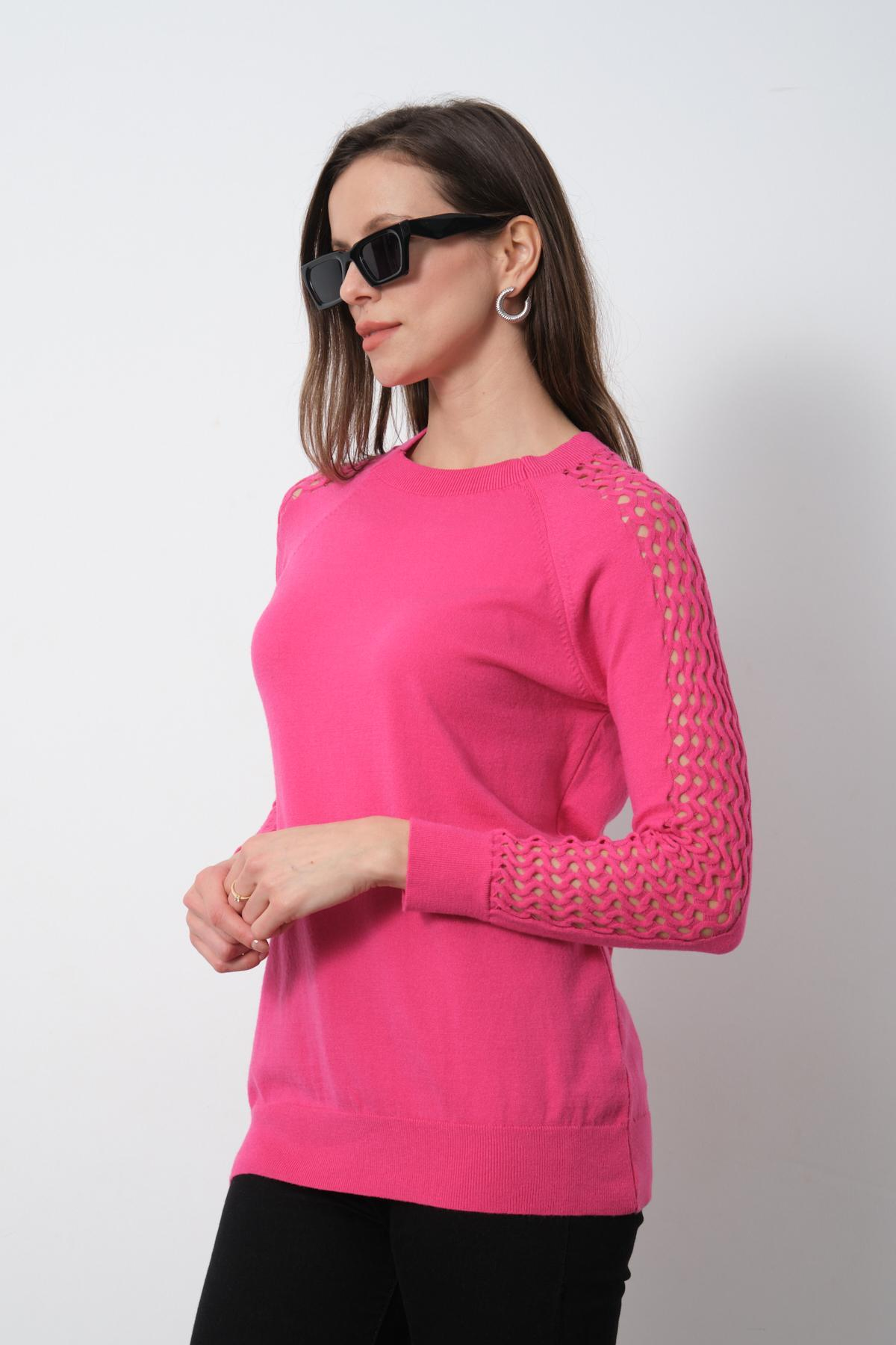 Wholesale Women Fuchsia Openwork Sleeves Crew Neck Knit Blouse 716878