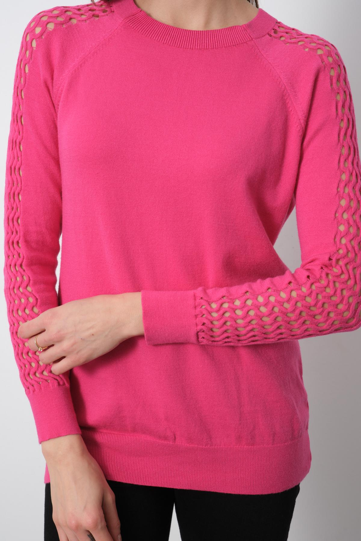 Wholesale Women Fuchsia Openwork Sleeves Crew Neck Knit Blouse 716878