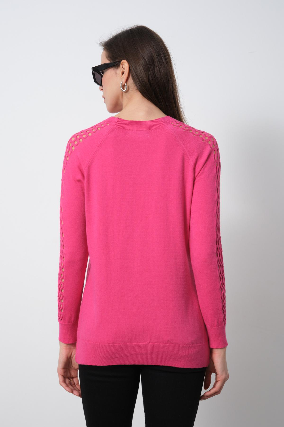 Wholesale Women Fuchsia Openwork Sleeves Crew Neck Knit Blouse 716878