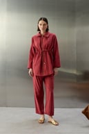 City Nakış ve Taş İşlemeli Tencel Pantolonlu Takım BORDO