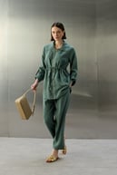 City Nakış ve Taş İşlemeli Tencel Pantolonlu Takım KÜF YEŞİLİ