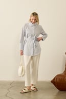 Linens Seyyar Kuşaklı Çizgili Pamuk Gömlek MAVİ