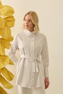 Linens Seyyar Kuşaklı Çizgili Pamuk Gömlek BEJ