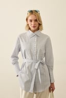 Linens Seyyar Kuşaklı Çizgili Pamuk Gömlek MAVİ