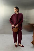 Lisa Fermuarlı 3'lü Keten Pantolonlu Takım MÜRDÜM