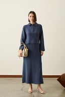 Pasion Fermuarlı D Tokalı Tencel Elbise İNDİGO