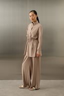 Seul Beli Kuşaklı Örme Rayon Eşofman Pantolonlu Takım VİZON