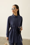 Seul Beli Kuşaklı Örme Rayon Eşofman Pantolonlu Takım LACİVERT