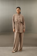 Seul Beli Kuşaklı Örme Rayon Eşofman Pantolonlu Takım VİZON