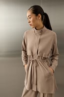Seul Beli Kuşaklı Örme Rayon Eşofman Pantolonlu Takım VİZON