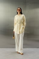 Tencel Jakarlı Düğmeli Basic Gömlek EKRU