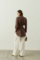 Tencel Jakarlı Düğmeli Basic Gömlek KAHVERENGİ