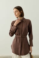 Tencel Jakarlı Düğmeli Basic Gömlek KAHVERENGİ